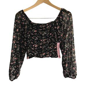 CRAVE FAME-WOMEN LONG SLEEVE ELASTIC WAIST BLACK FLORAL CROP TOP SIZE MEDIUM-NWT